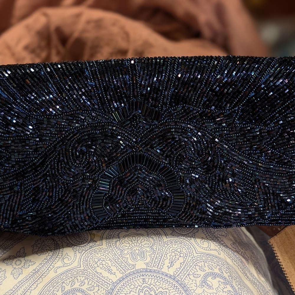 Vintage Fully Beaded Sapphire Blue Clutch and Hook and Loop Closure Belt Set